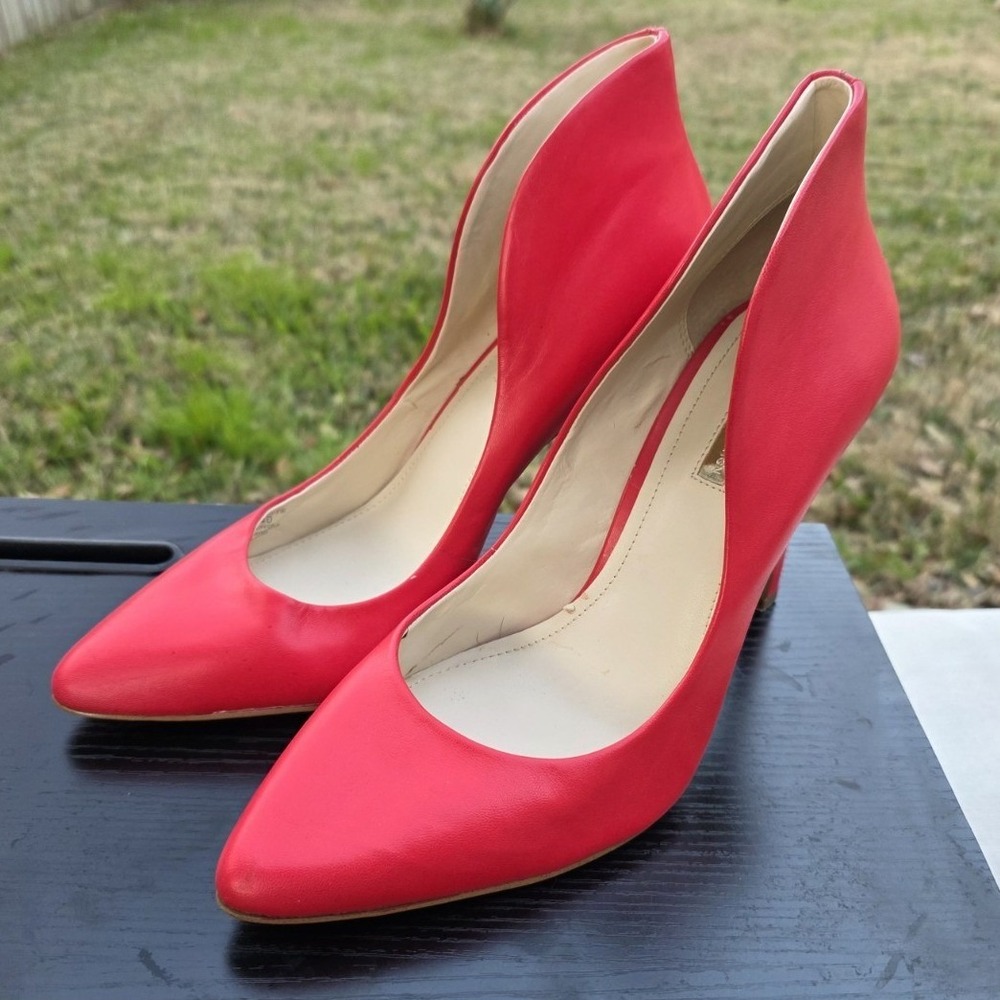 BCBGeneration Red Leather Pointed Toe Stiletto Pumps Gold Heel Detail 10M 40